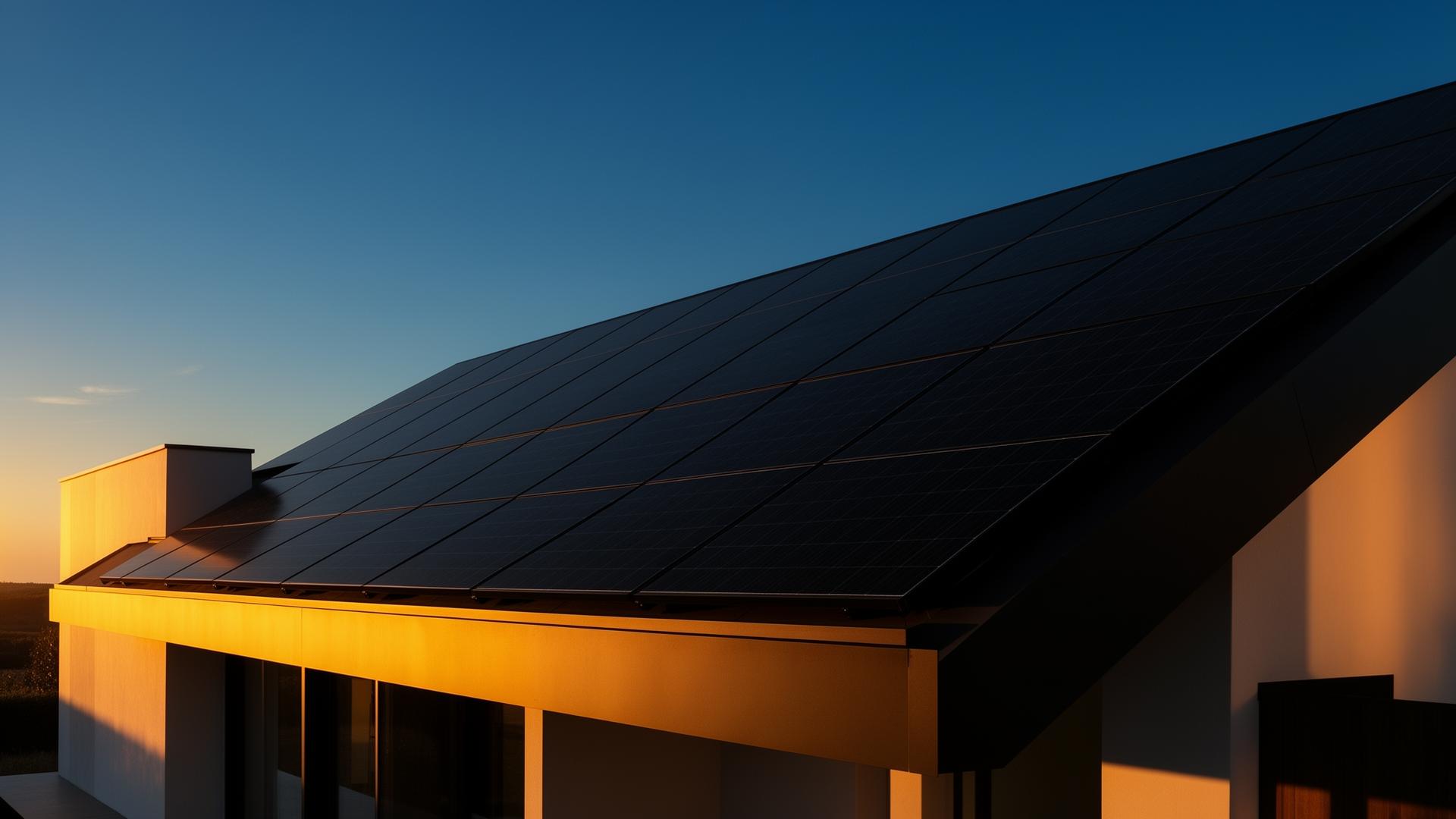 Modern home with sleek black solar panels at golden hour